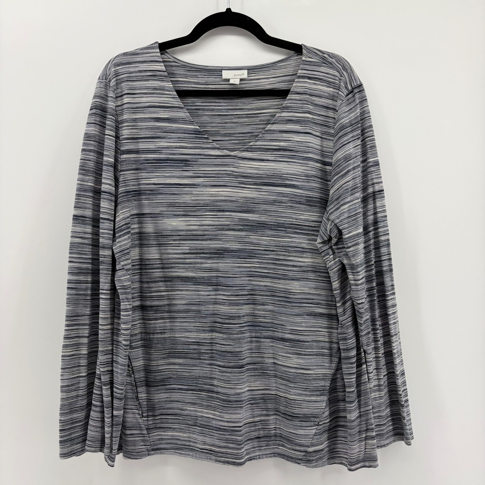 Pure Jill Striped‎ Long Sleeve V Neck T- Shirt Top XL Blue Gray White